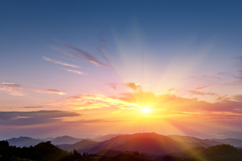Sunset over the mountains, blue and pink sky