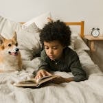 Little Boy Lying in Bed with a Corgi Dog 