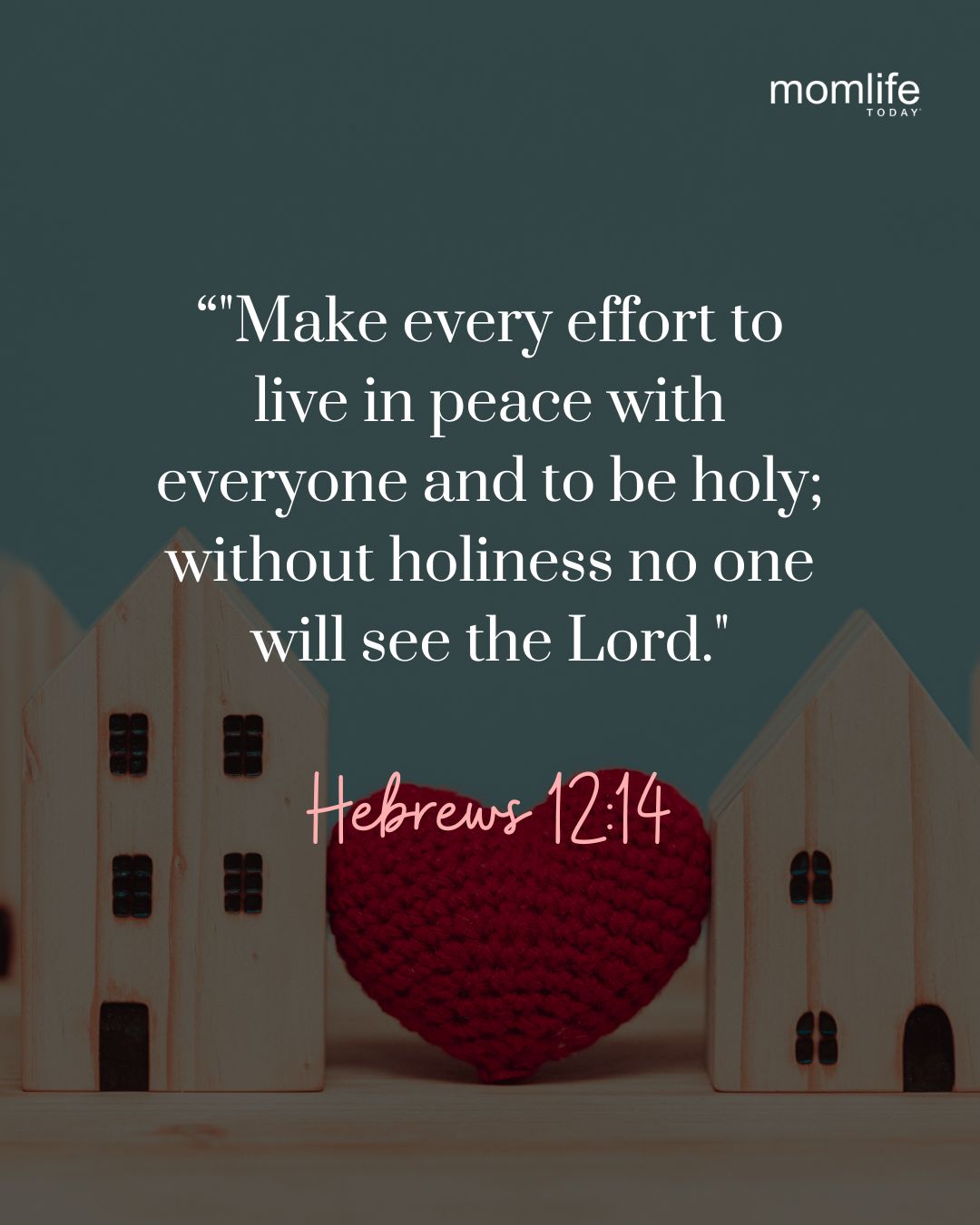 Quote image of Hebrews 12:14 with a heart and buildings behind it