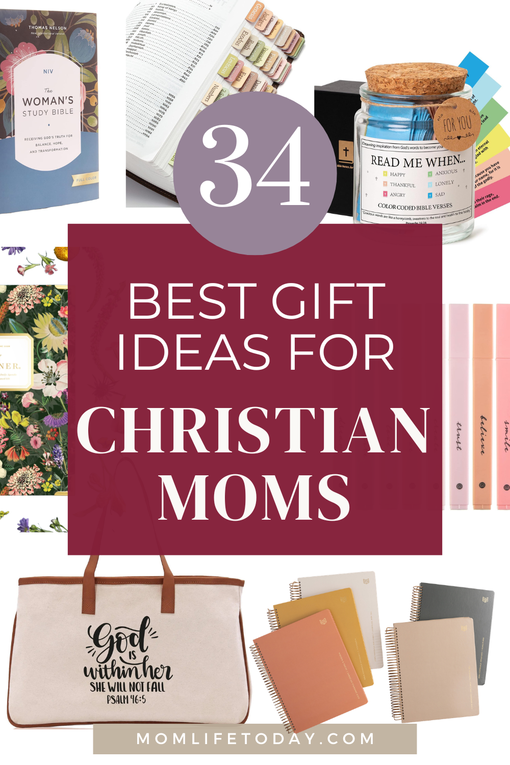 Array of gifts with pink square text - 34 Christian Mother's Day Gifts