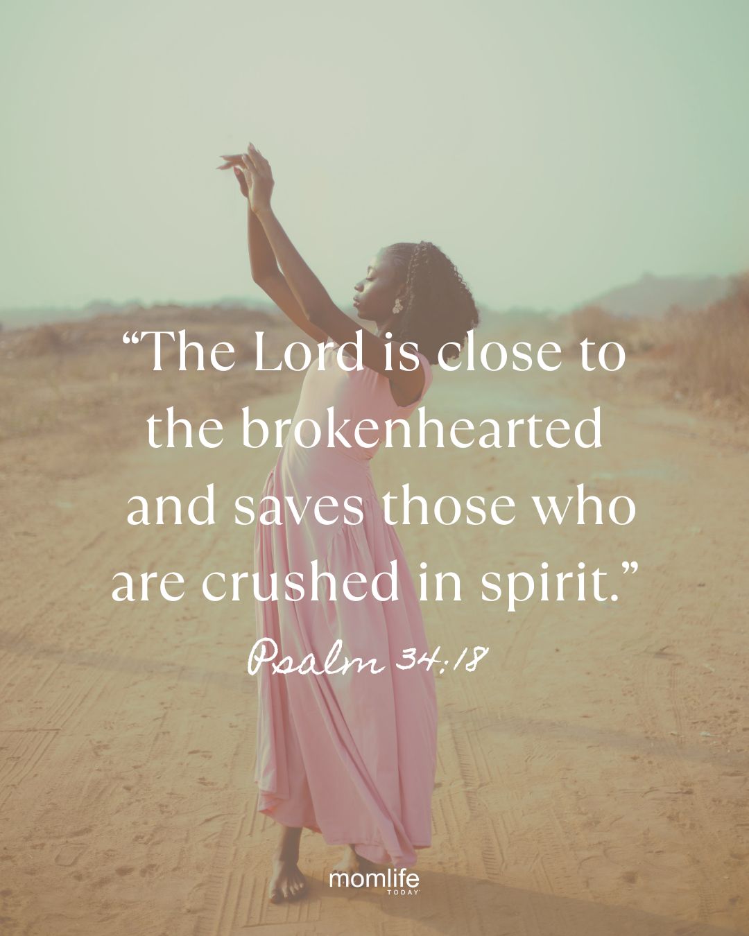 Psalm 34:18 scripture woman dancing in pink dress