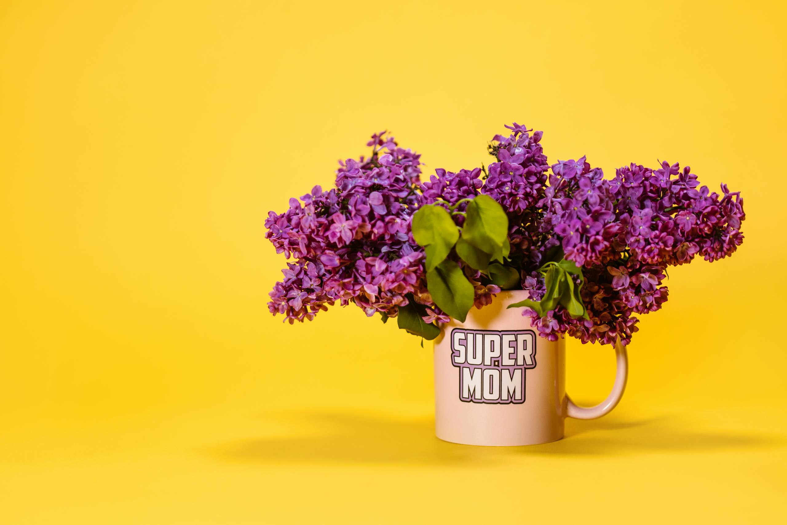 Single mom mother's day - A vibrant display of purple lilacs in a 'Super Mom' mug against a bright yellow backdrop, perfect for motherhood themes.