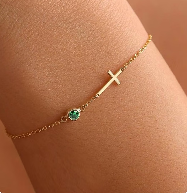 Gold birthstone cross bracelet